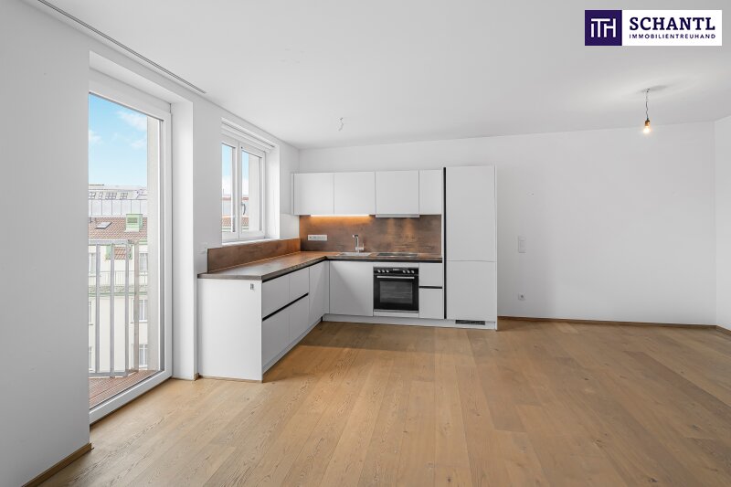 Wohn-, Essbereich, Küche, Zugang zum Balkon