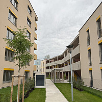 Wohnhausanlage mit Grünfläche und Bäumen