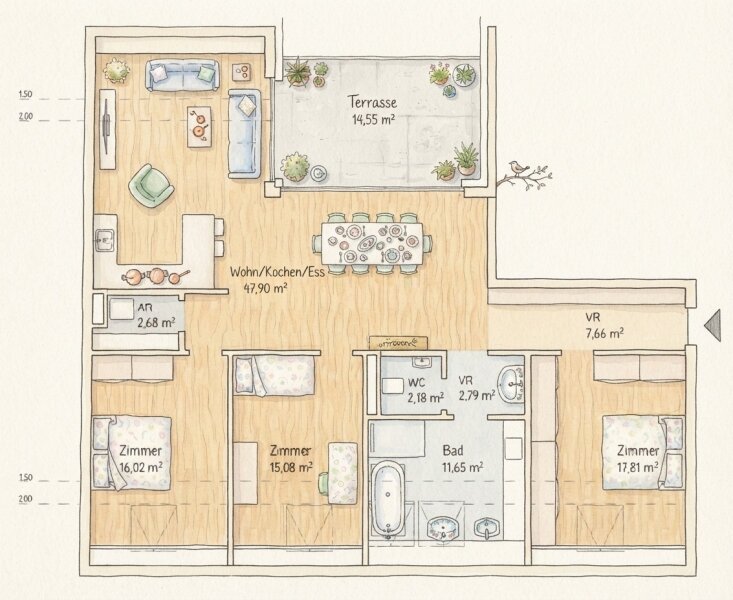 Terrassenwohnung im DG - 5.OG auf 124m² + 15m² Terrasse
